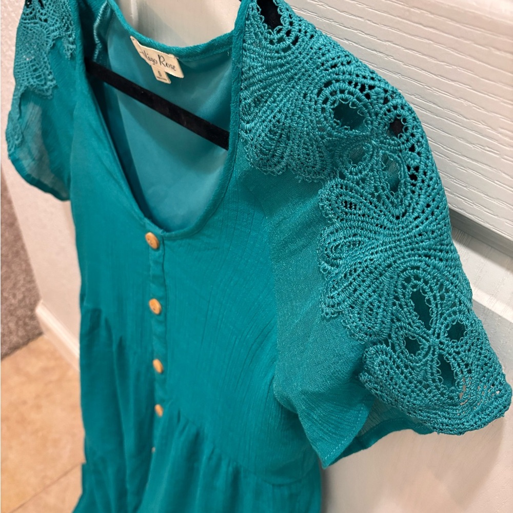Indigo Rose Teal Boho Mini Dress Crochet Lace Sleeve Button Front- Size Small - Picture 3 of 8